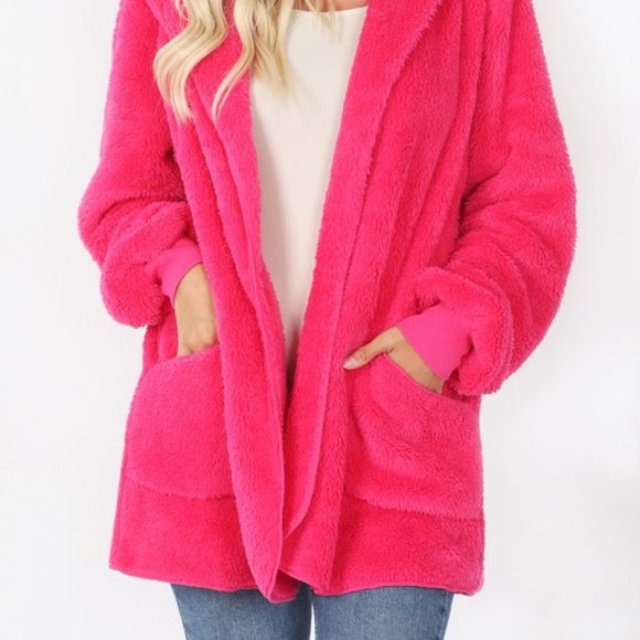 NEW HOT PINK SHERPA FAUX FUR HOOD TEDDY JACKET - Picture 3 of 4